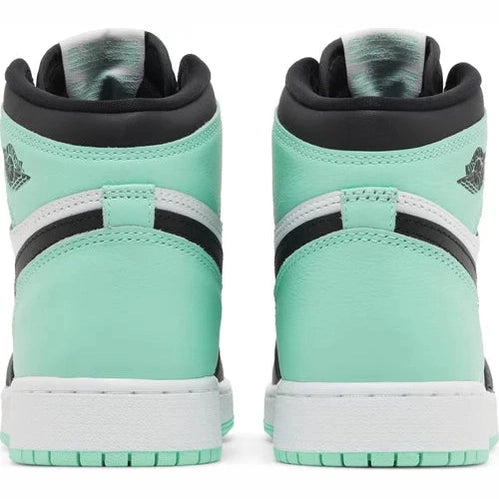 Mint green and black high-top sneakers viewed from the back, white soles, streetwear style