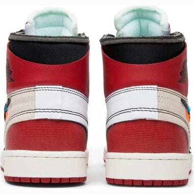 Back view of high-top red and white streetwear sneakers with stitching detail.
