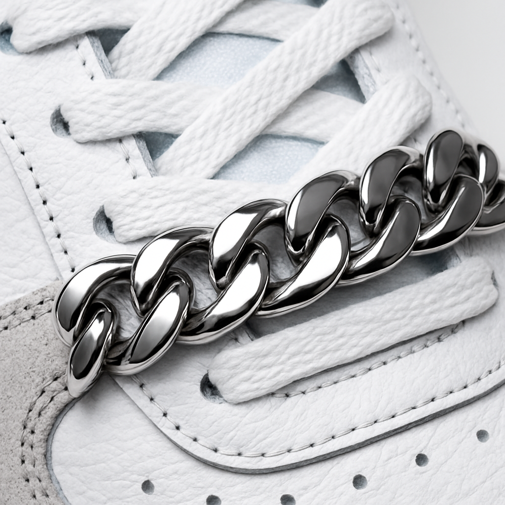 Silver chain bracelet on a white sneaker