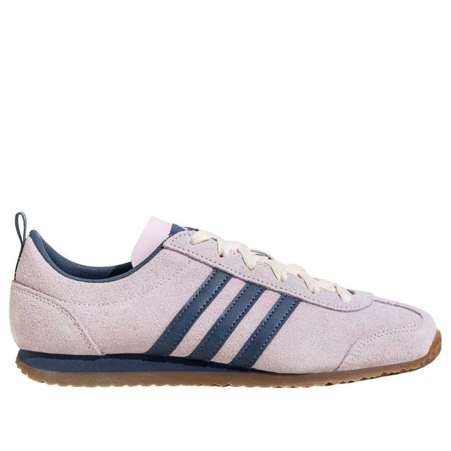 Light purple sneaker with three blue stripes on a white background