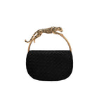 JW PEI Ione Leopard Shaped Hardware Handle Woven Top Handle Bag - Black