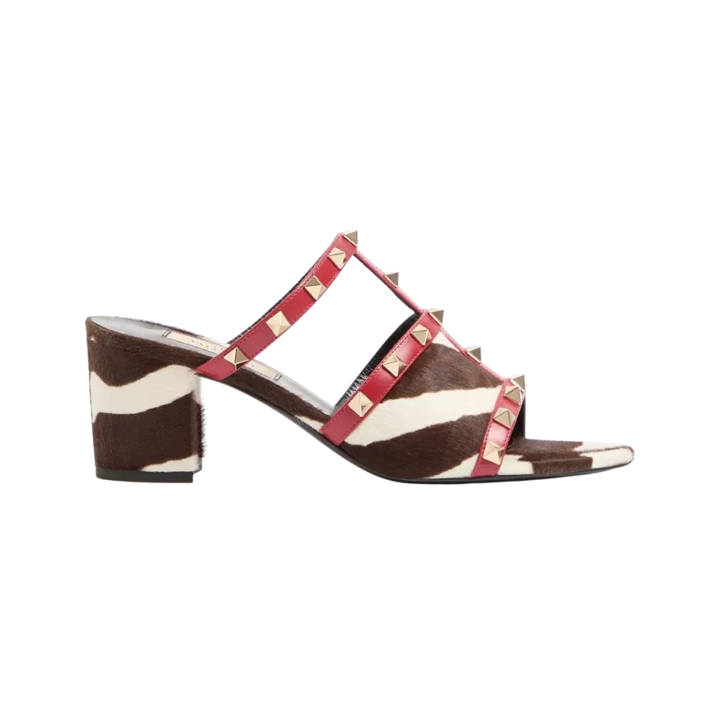 Valentino Rockstud Slide Sandal In Pony-Effect Calfskin 60mm Marrone