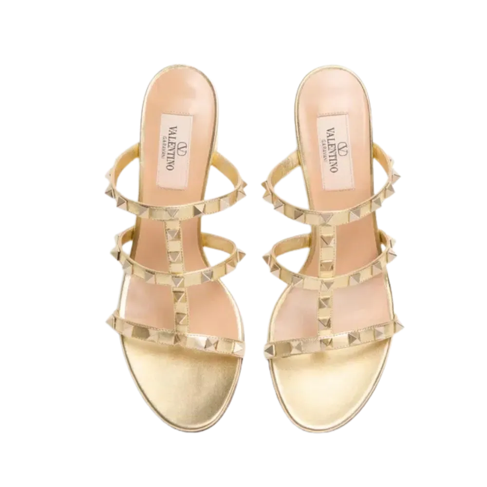 Valentino Rockstud Slide Sandal In Laminated Nappa Leather 60mm Antique Brass