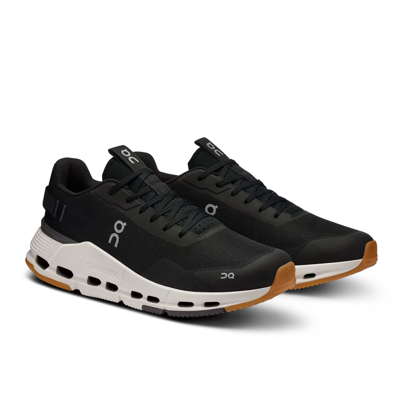 Black On CloudTec streetwear sneakers with white sole and gum outsole, side view.
