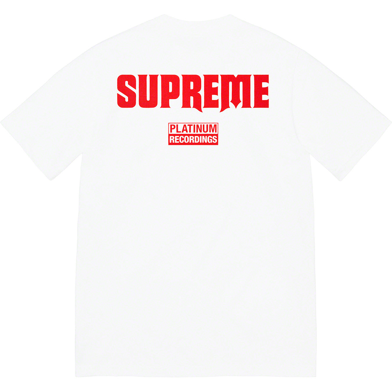 White streetwear t-shirt with bold red Supreme and Platinum Recordings logos on the back