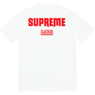 White streetwear t-shirt with bold red Supreme and Platinum Recordings logos on the back