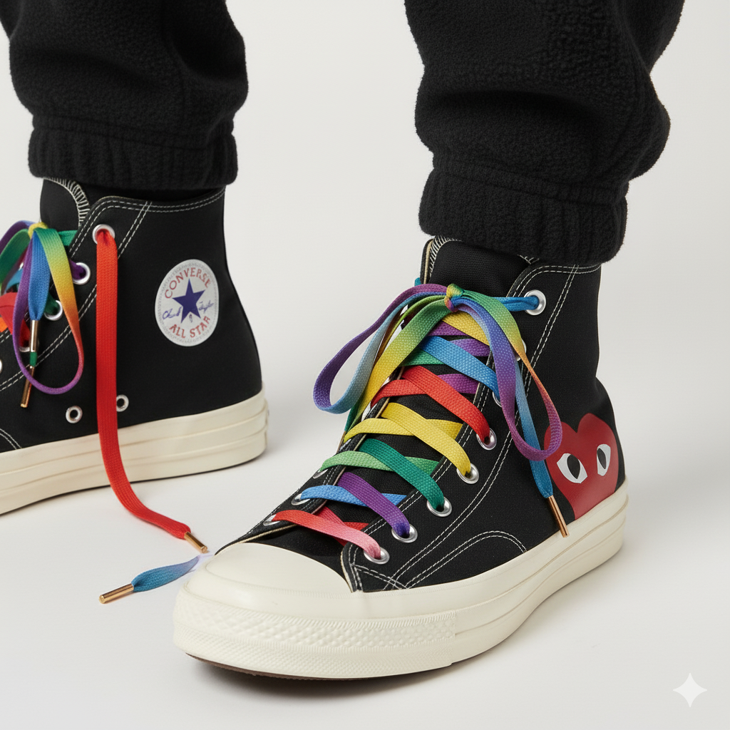 Black high-top sneakers with colorful Gradient laces worn by a person in black pants on a light gray background