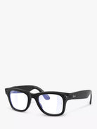 Black wayfarer eyeglasses with clear blue-light lenses on white background