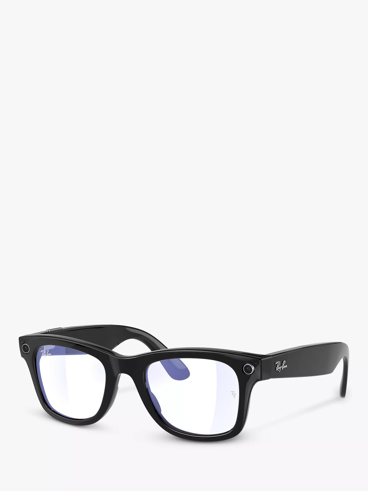 Black wayfarer eyeglasses with clear blue-light lenses on white background