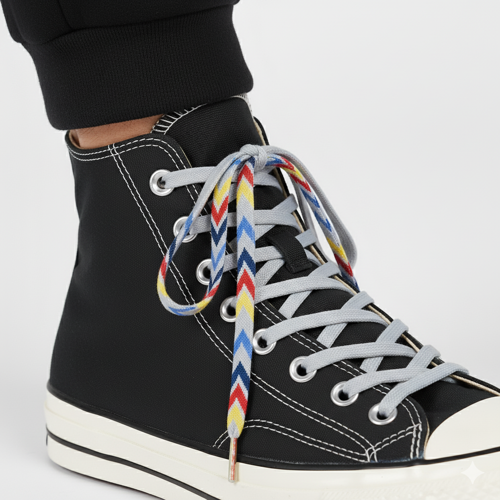 Black high-top sneaker with gradient colorful laces on a light gray background
