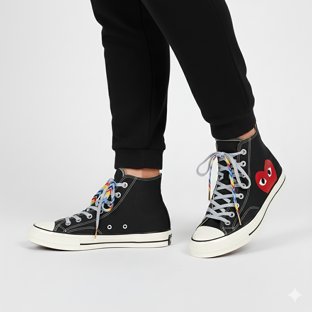 Black high-top sneakers with colorful Gradient laces and a red heart design on a white background