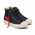 Black High top shoes worn with Red - Purple - Light Pink Gradient shoelaces on the shoe
