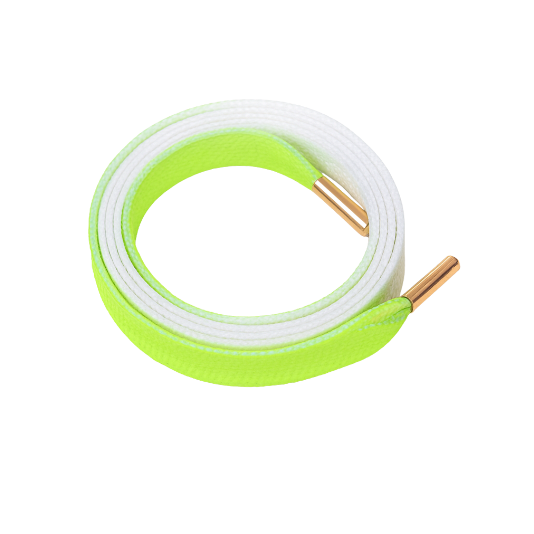 Neon green and white Gradient shoelaces on a white background