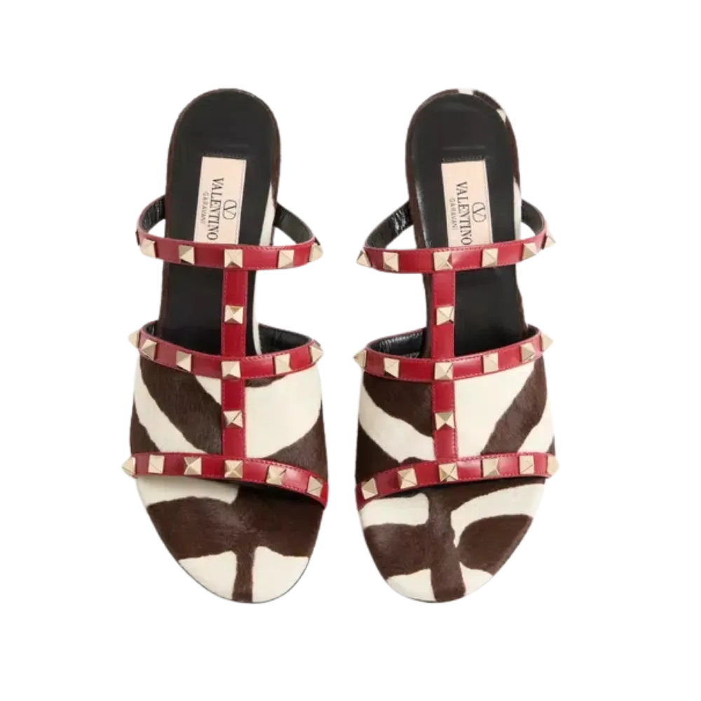 Valentino Rockstud Slide Sandal In Pony-Effect Calfskin 60mm Marrone