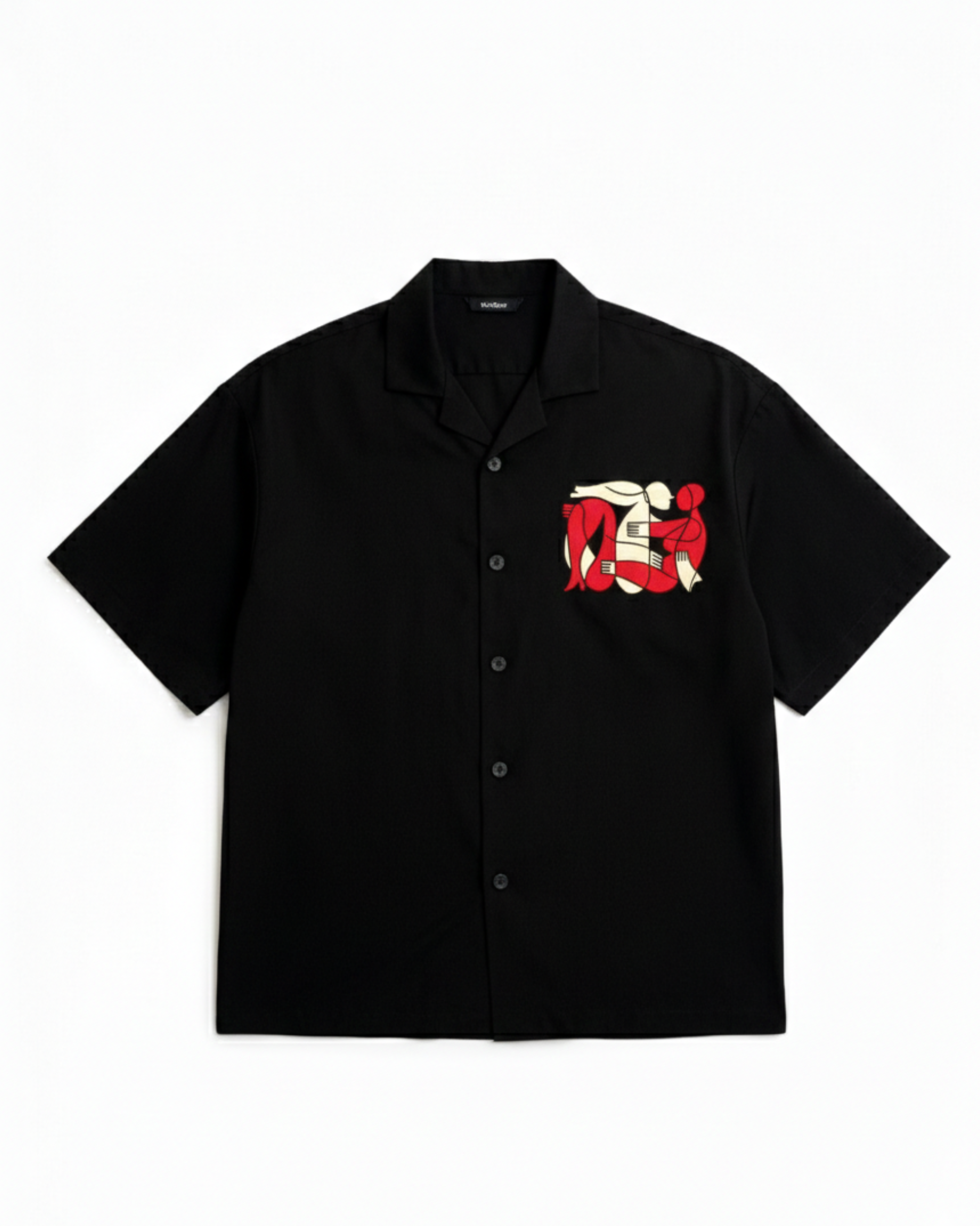 Black shirt with a graphic design on the chest against a white background