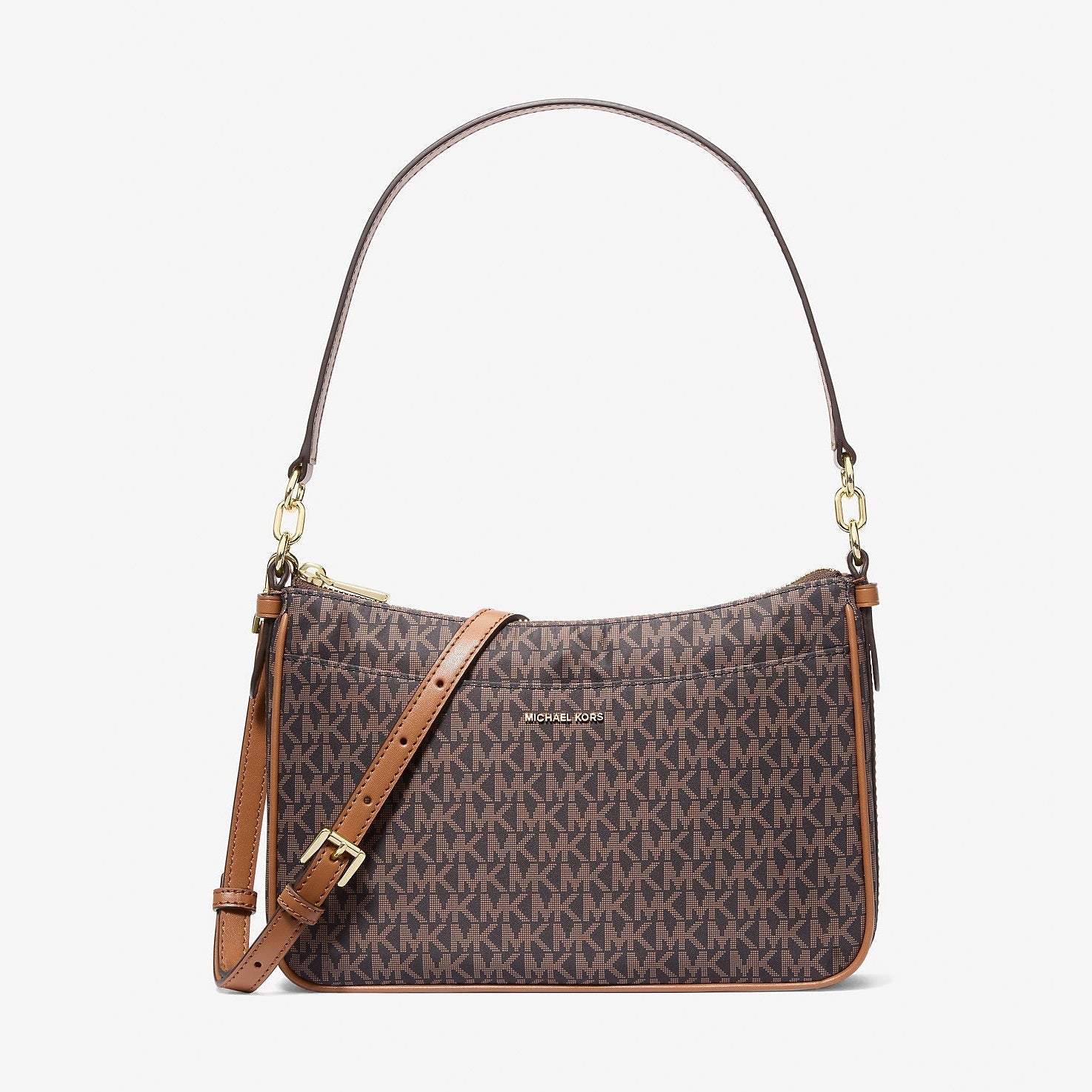 Michael Kors Jet Set Medium Signature Logo Print Woven Convertible Pochette Brn-Acorn