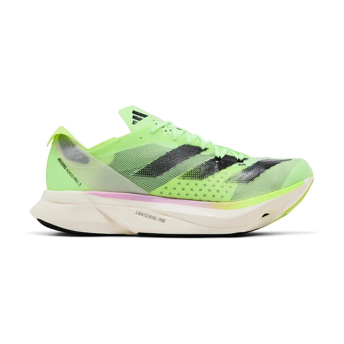 Green running shoe with black accents on a white background