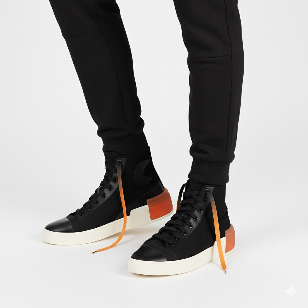 Black high tops worn with  Gradient Shoelaces that go from deep black to vibrant orange shown in a white background 