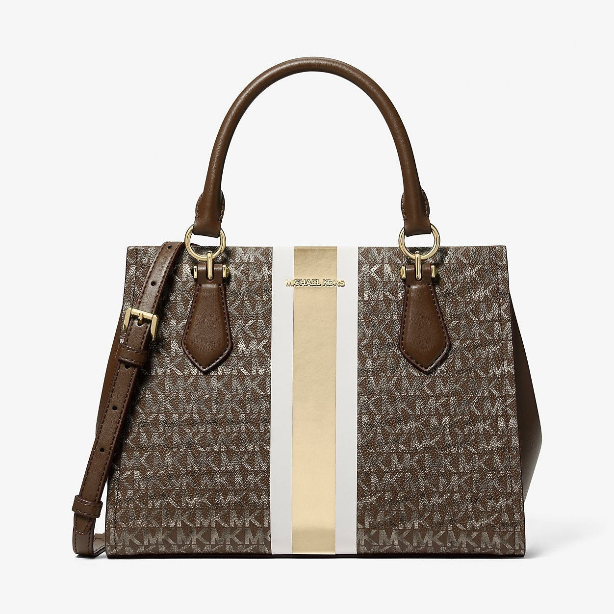 Michael Kors Marilyn Medium Signature Logo Stripe Satchel Brown