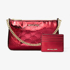 Michael Kors Jet Set Medium Metallic Logo Debossed Pochette and Card Case Gift Set Cherry