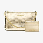 Michael Kors Jet Set Medium Metallic Logo Debossed Pochette and Card Case Gift Set Pale Gold