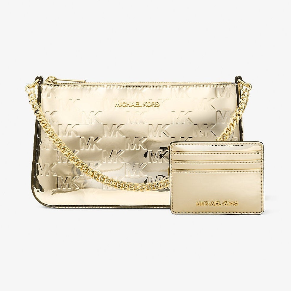 Michael Kors Jet Set Medium Metallic Logo Debossed Pochette and Card Case Gift Set Pale Gold