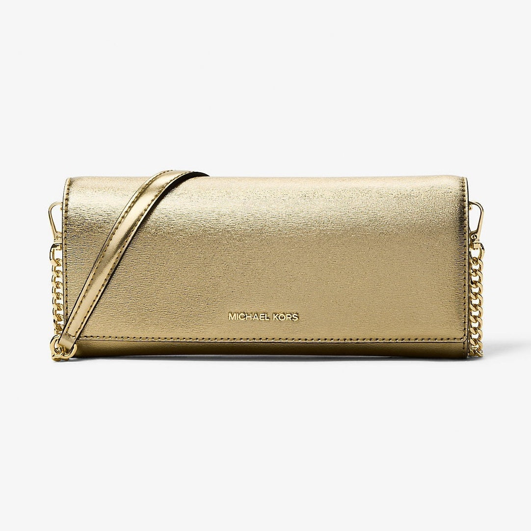 Michael Kors Jet Set Medium Embellished Metallic Leather Clutch Pale Gold