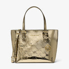 Michael Kors Jet Set Extra-Small Metallic Logo Debossed Convertible Tote Bag Pale Gold