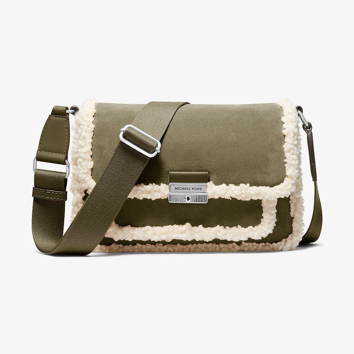 Michael Kors Bradshaw Medium Suede and Faux Shearling Messenger Bag Olive
