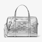 Michael Kors Jet Set Medium Patent Logo Debossed Duffel Crossbody Bag Silver