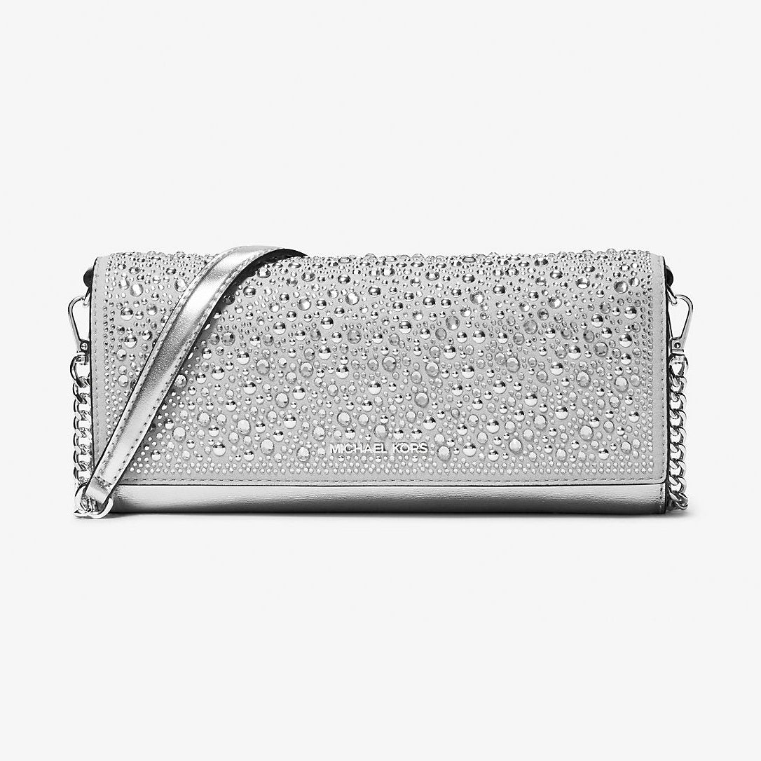 Michael Kors Jet Set Medium Embellished Leather Clutch Silver