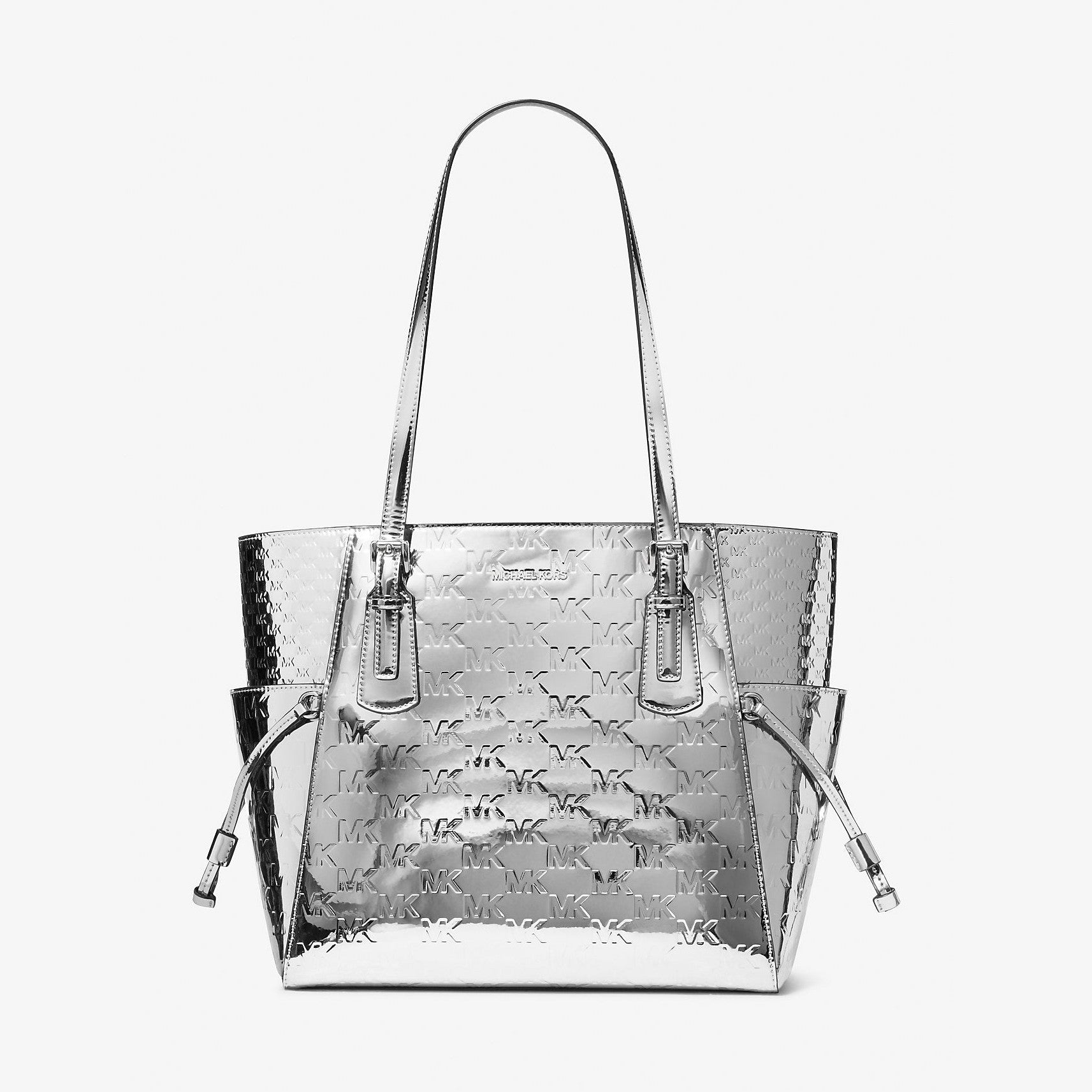 Michael Kors Voyager Large Patent Logo Debossed Tote Bag Silver