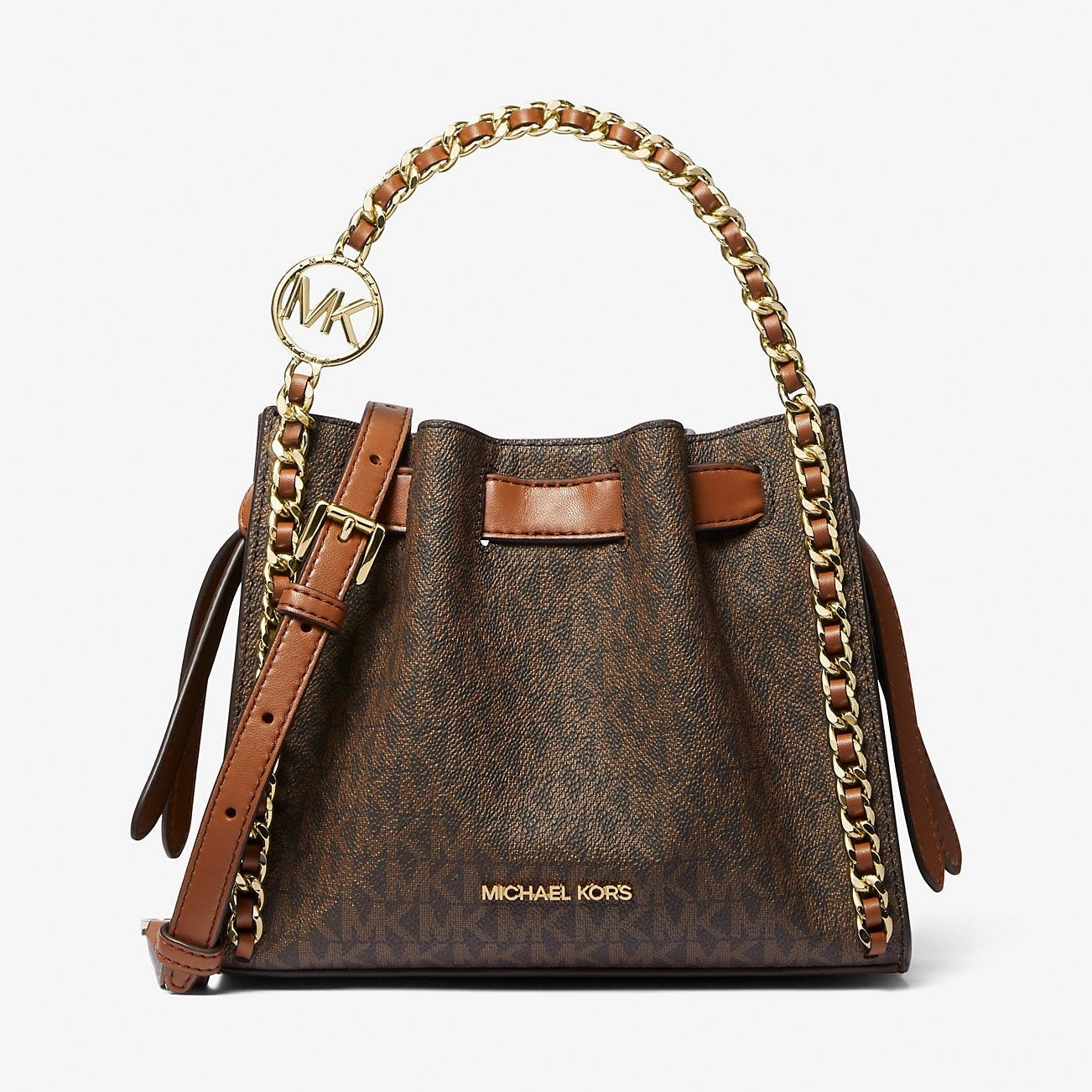 Michael Kors Mina Small Signature Logo Chain Crossbody Bag Brown