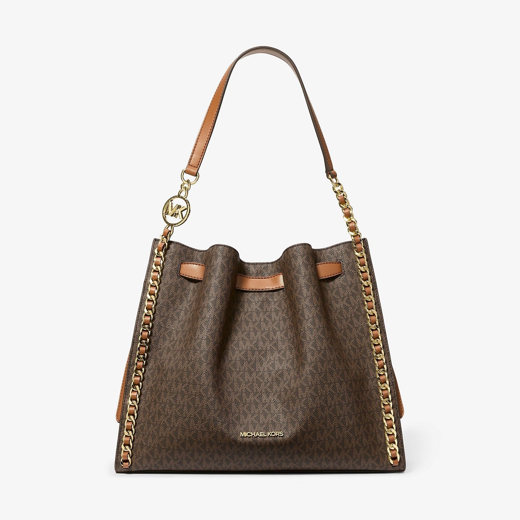 Michael Kors Mina Large Signature Logo Chain Shoulder Bag Brown