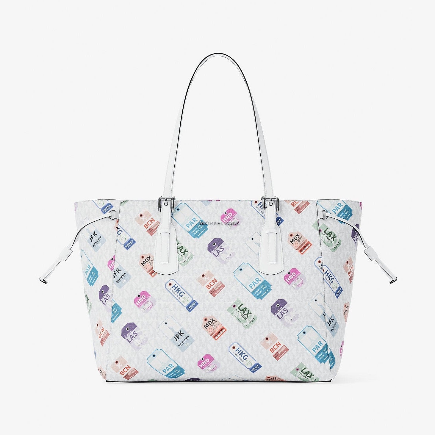Michael Kors Voyager Large Printed Signature Logo Tote Bag Optic White
