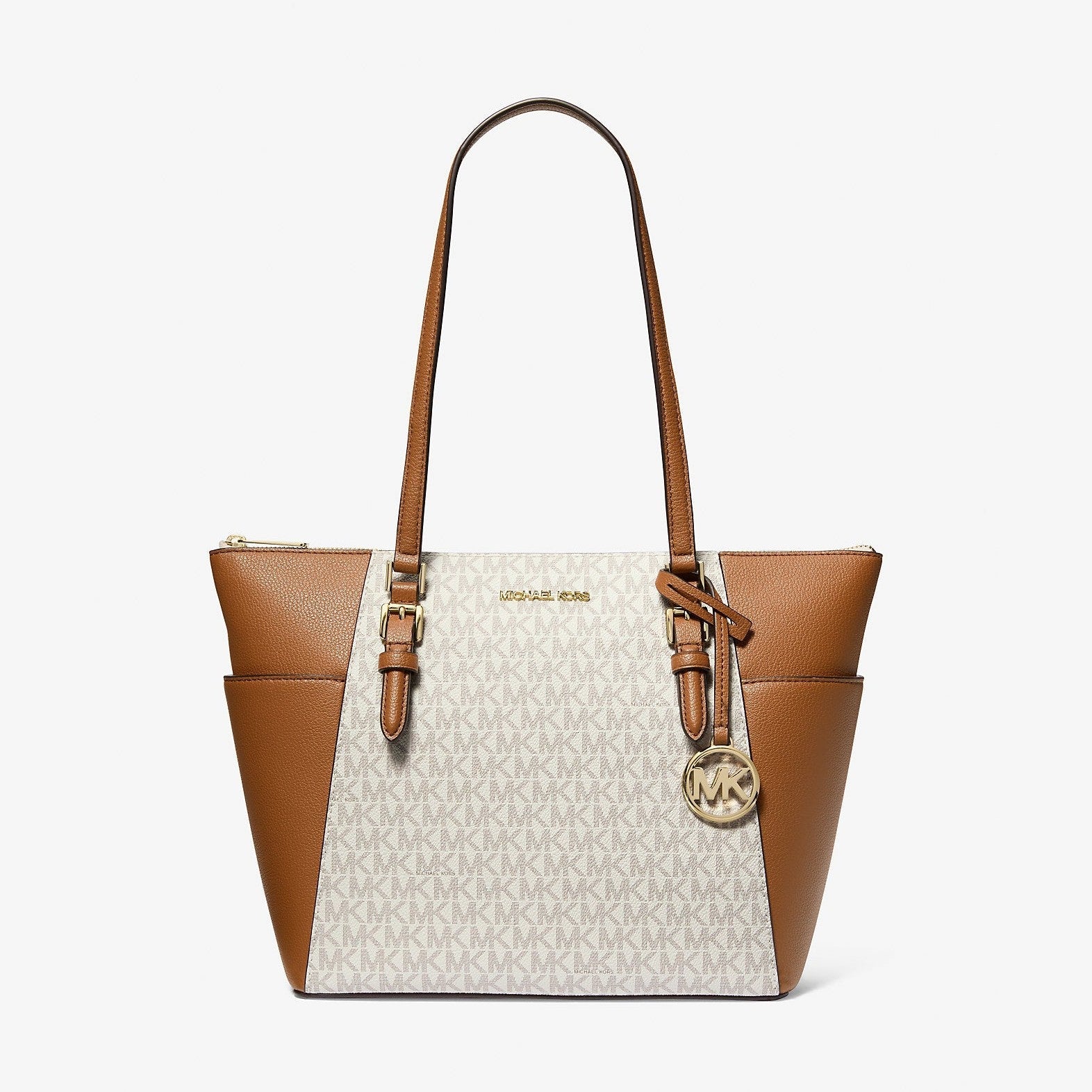 Michael Kors Charlotte Large Logo and Leather Top-Zip Tote Bag Vanilla
