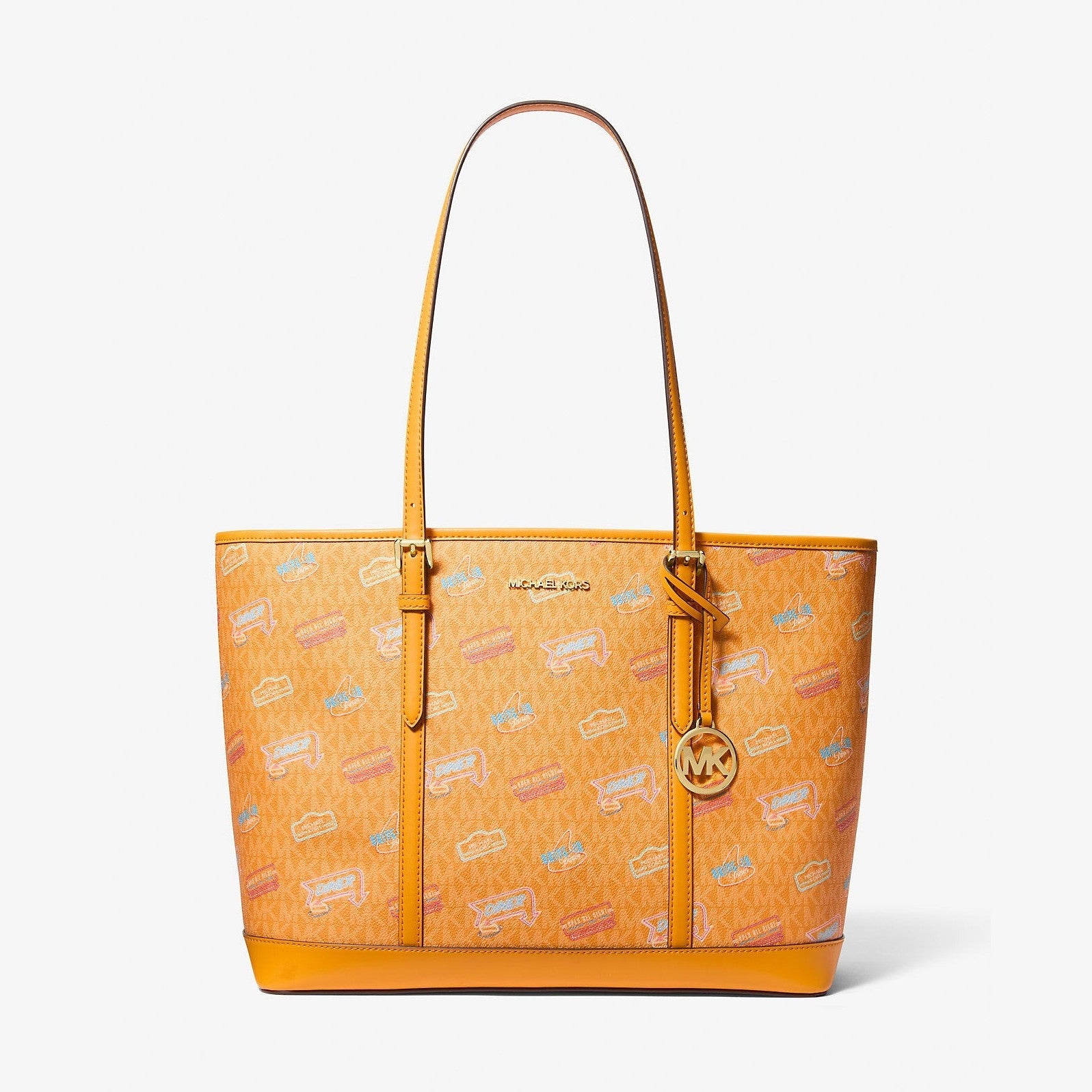 Michael Kors Jet Set Large Printed Signature Logo Tote Bag Pop Orange
