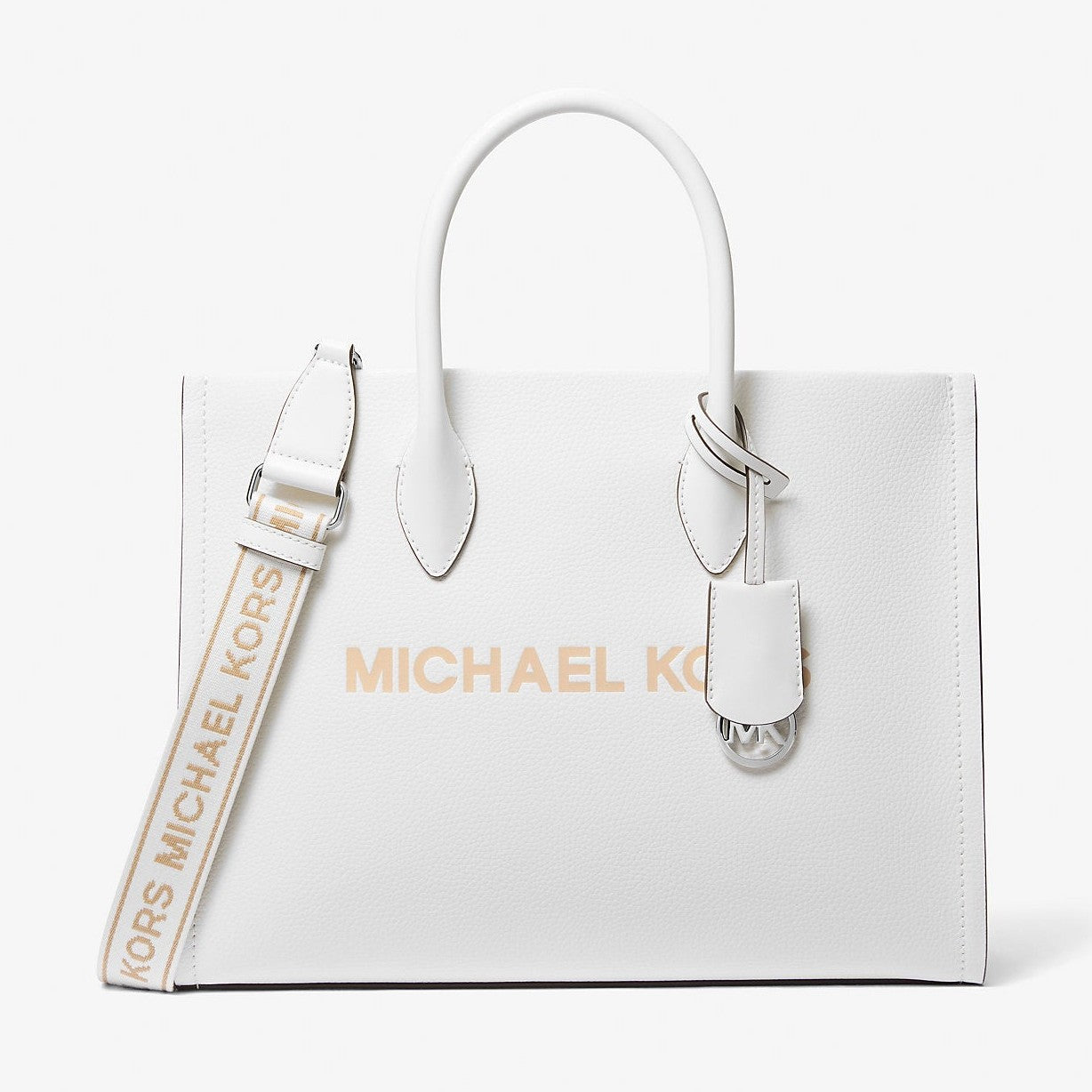 Michael Kors Mirella Medium Pebbled Leather Tote Bag Optic White