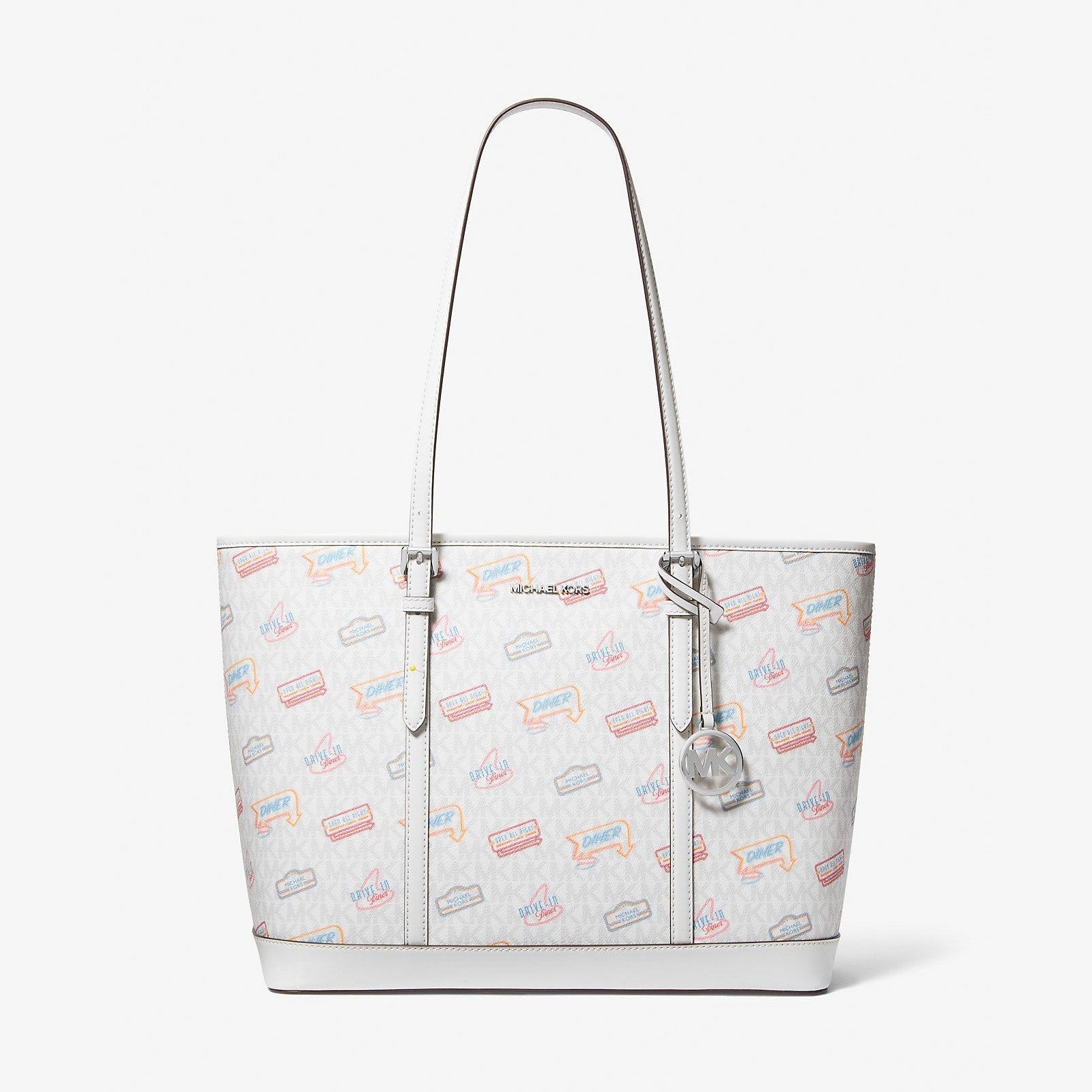 Michael Kors Jet Set Large Printed Signature Logo Tote Bag Optic White