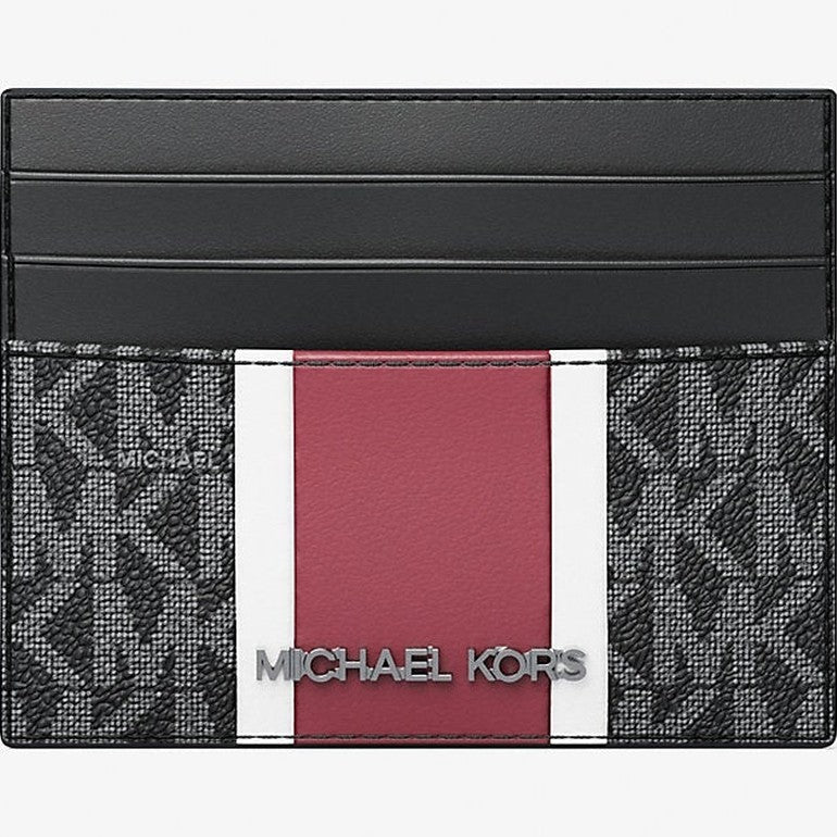 Michael Kors Cooper Striped Signature Logo Card Case Cherry