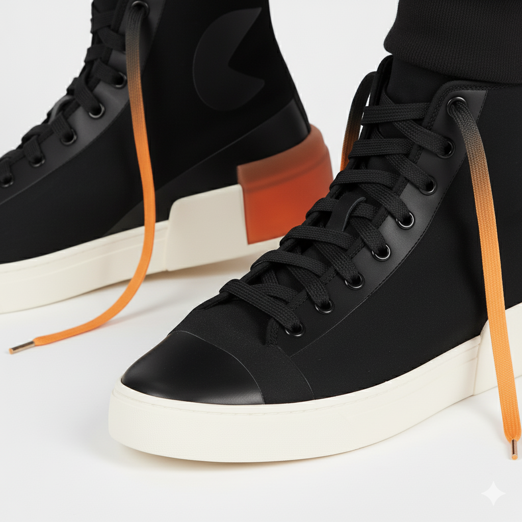 Black high tops worn with  Gradient Shoelaces that go from deep black to vibrant orange shown in a white background 