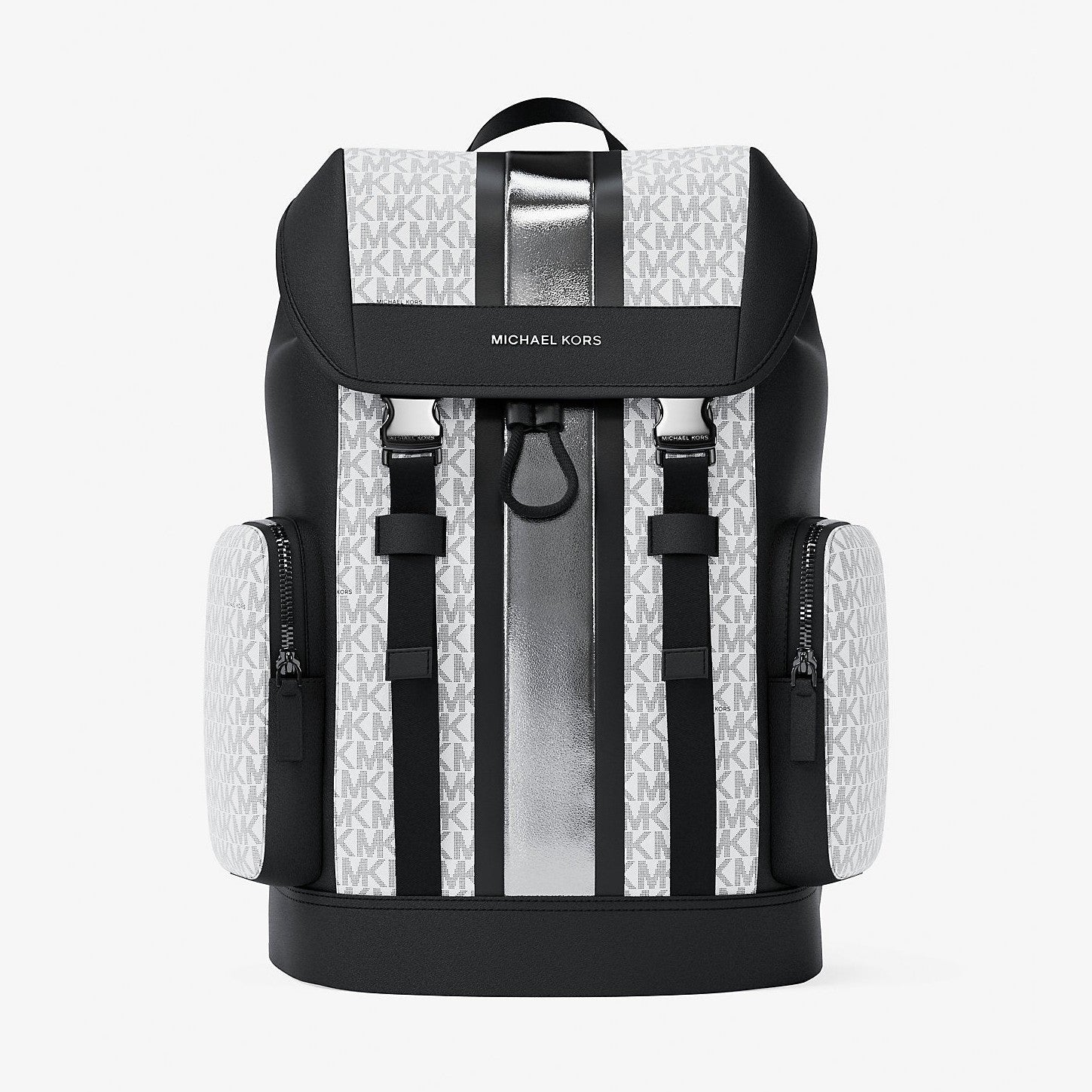 Michael Kors Cooper Metallic Striped Signature Logo Backpack Silver