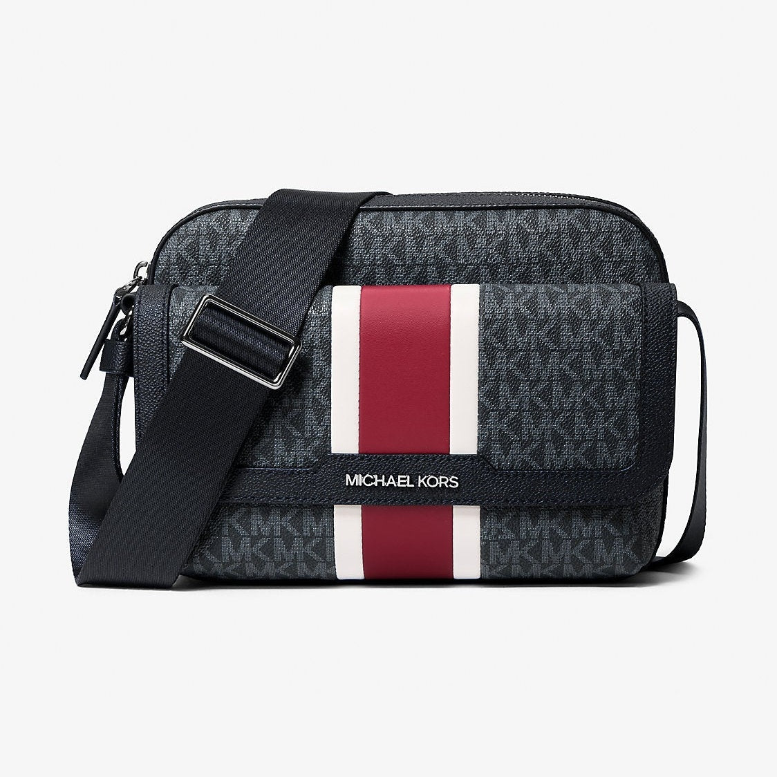 Michael Kors Cooper Medium Signature Logo Stripe Camera Crossbody Bag Cherry