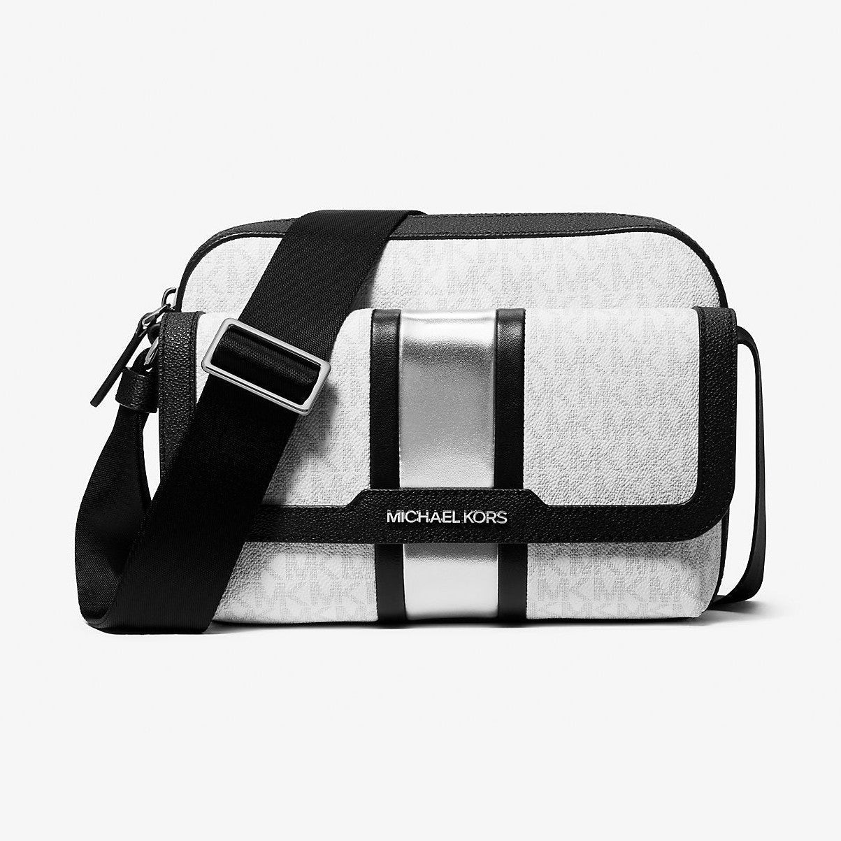 Michael Kors Cooper Medium Signature Logo Stripe Camera Crossbody Bag Silver