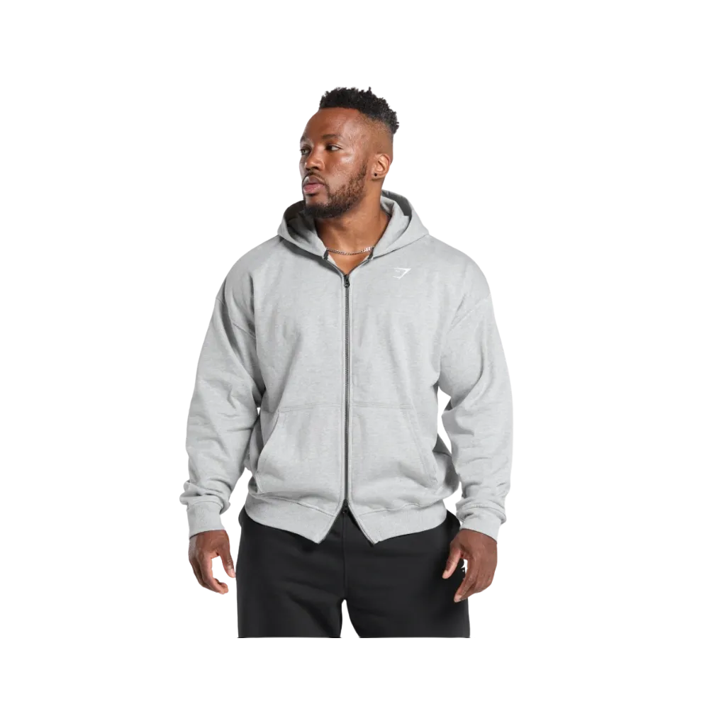 Gymshark Power Zip Up Hoodie Oversized Fit Light Grey Core Marl