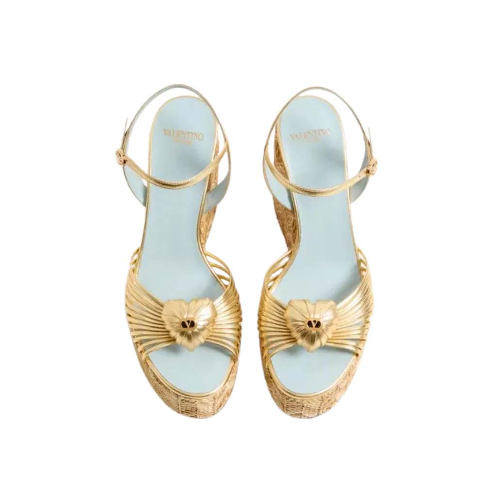 Valentino Coeur Royal Laminated Nappa Wedge Sandal 110mm Natural
