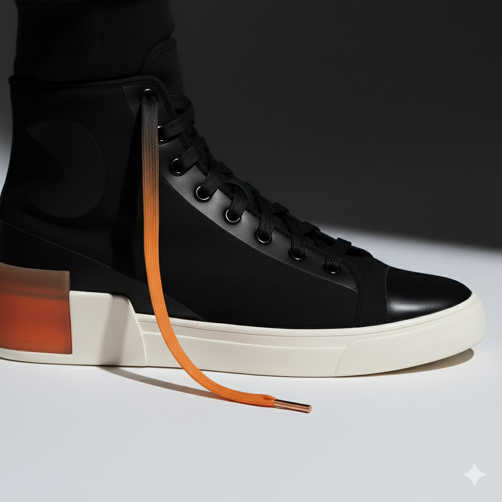 Black high tops worn with  Gradient Shoelaces that go from deep black to vibrant orange shown in a white background 