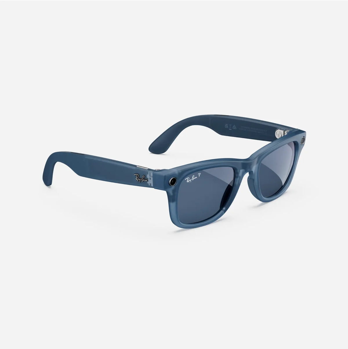 Blue wayfarer sunglasses with polarized dark lenses, Ray-Ban branding on the frame