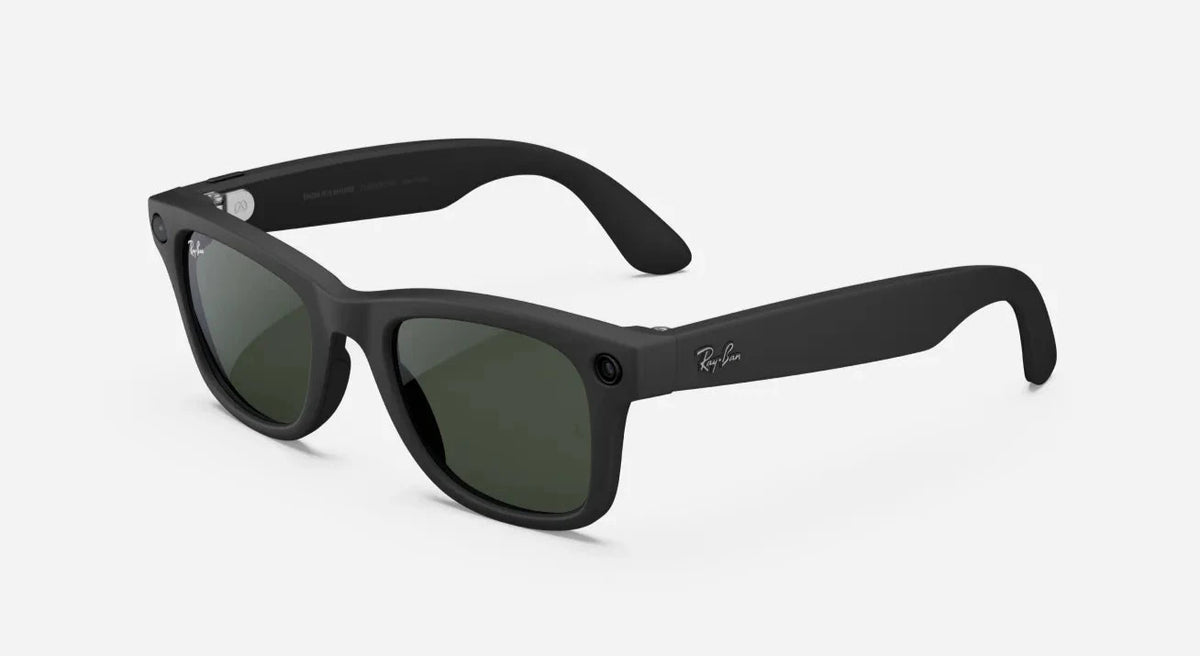 Black Wayfarer sunglasses with dark lenses on a white background, modern streetwear accessory