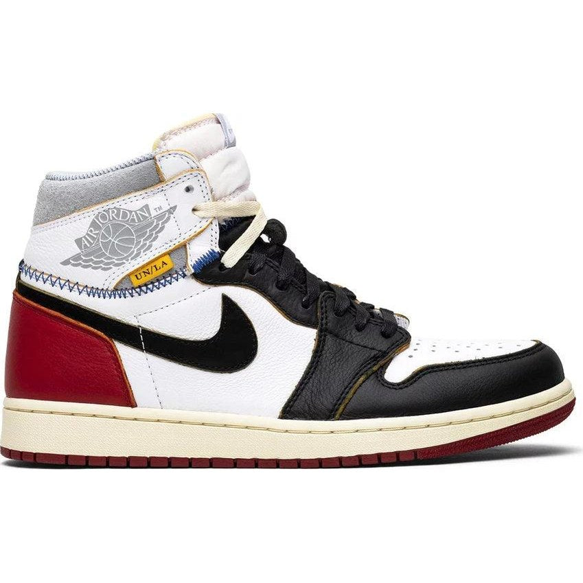 High-top sneaker with black, white, red, and grey color blocking, black swoosh, and retro details